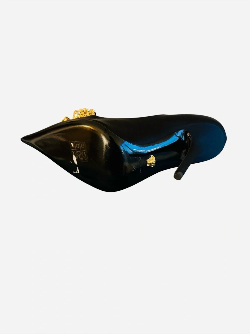 Versace Black Satin Pumps With Embellished Gold & Crystal Bow Sz EU40/US10 (New)